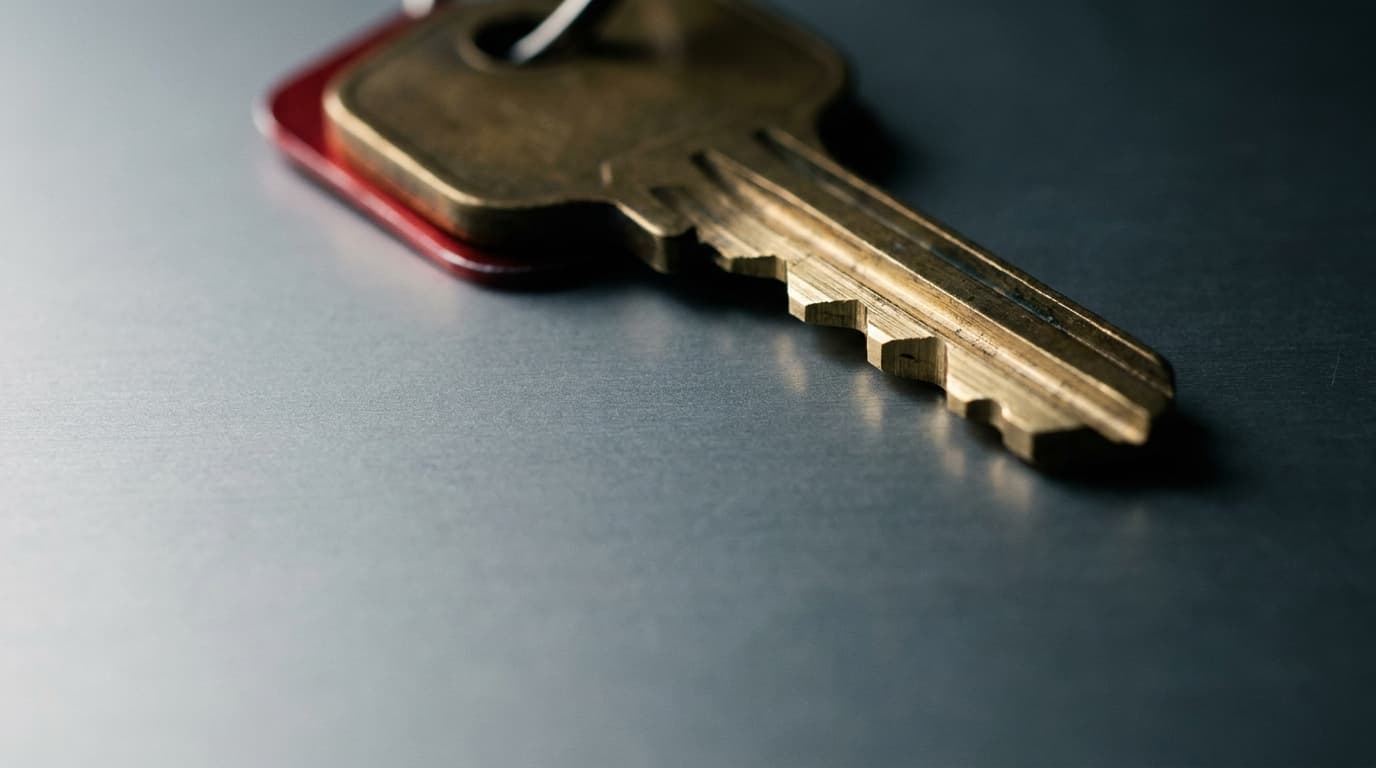 Makroaufnahme eines gefrästen Messing-Schlüssels mit rotem Anhänger