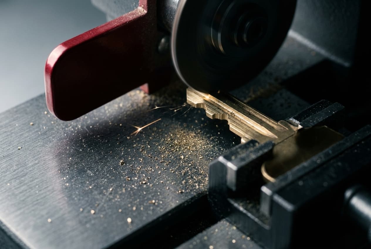Schlüssel wird auf der Fräsmaschine geschnitten — Funken und Messing-Späne fliegen